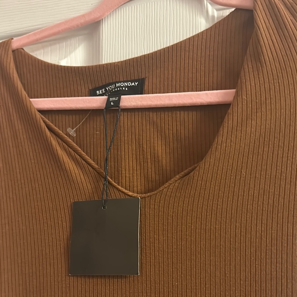 Brown Ribbed Short Sleeve Dress